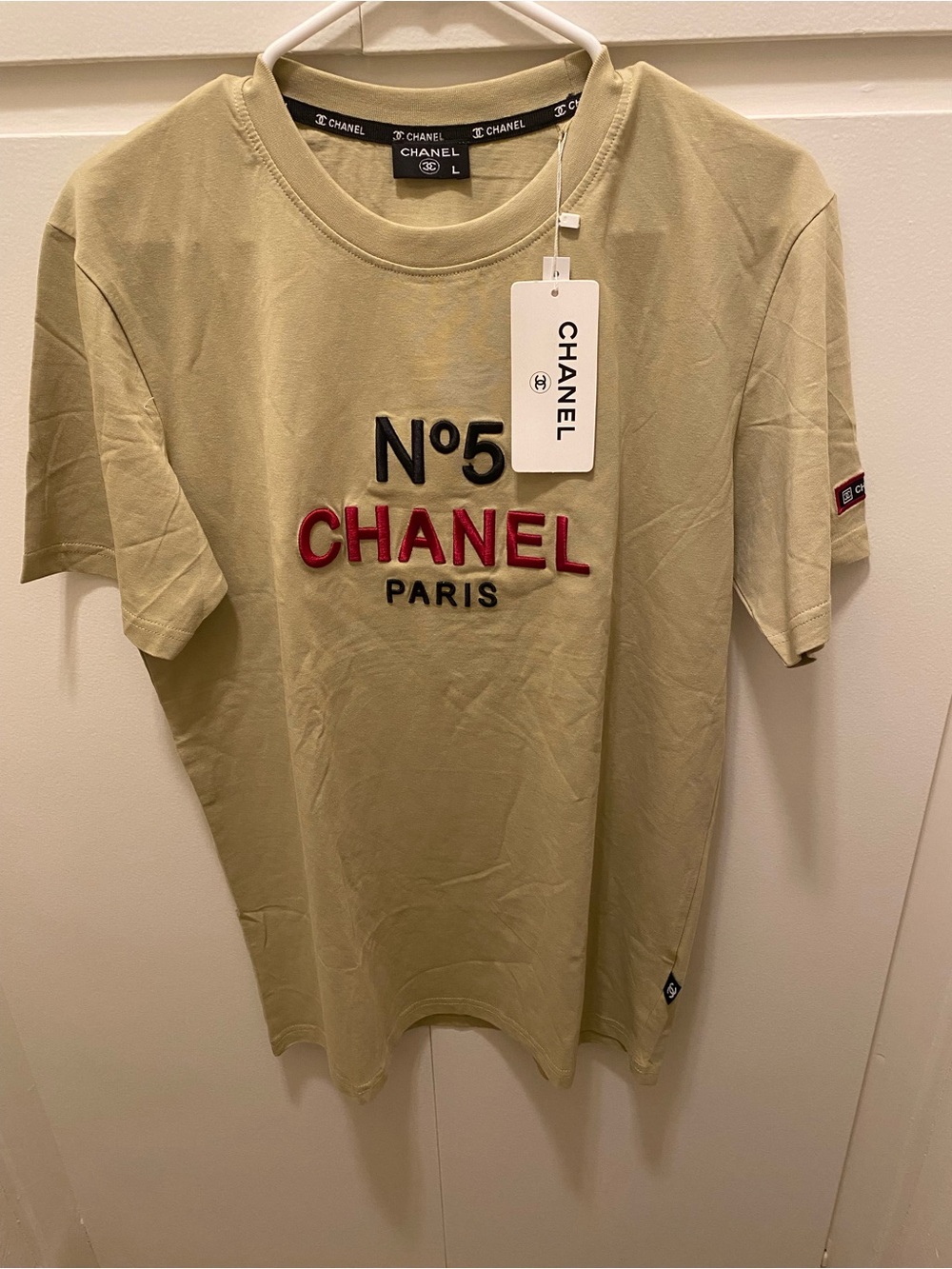 CHANEL No.5 Embroidered Logo Tee - Olive Green with Red & Black Accents